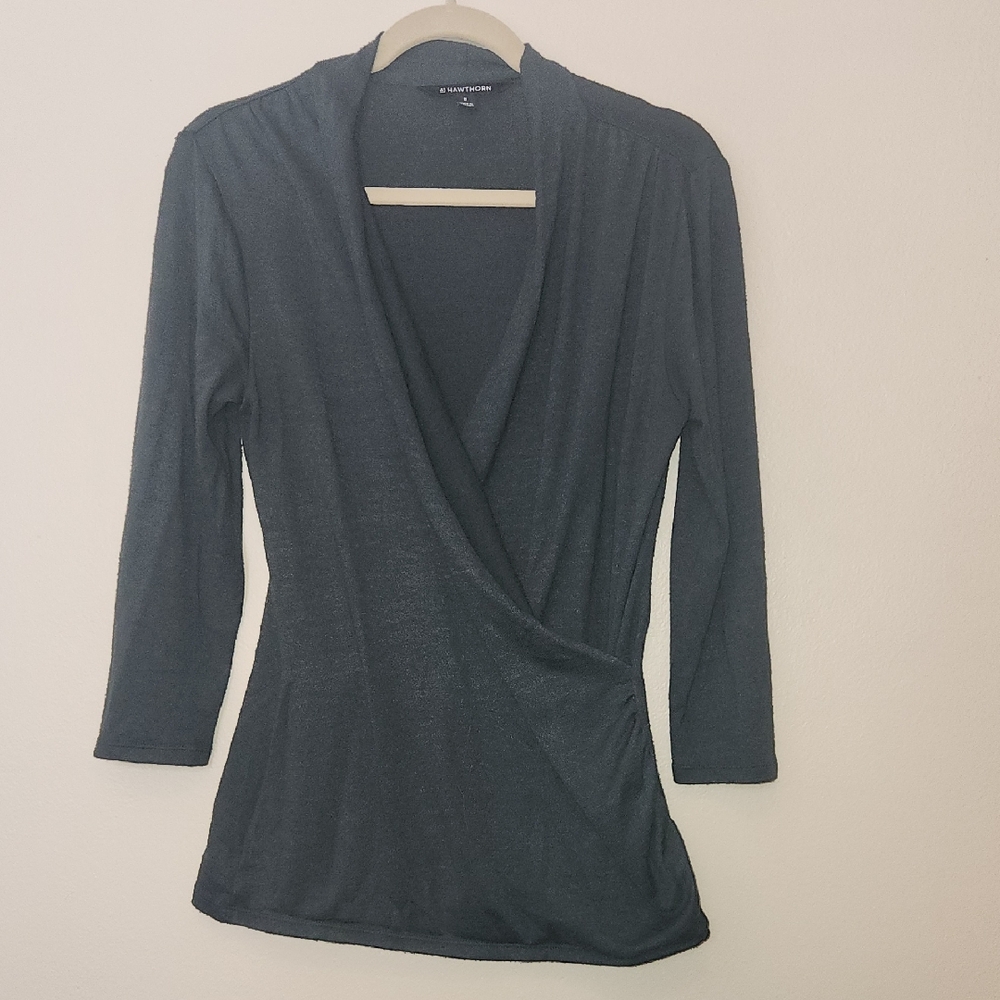41 Hawthorn Women's Dark Green Faux Wrap Knit Blouse Size M